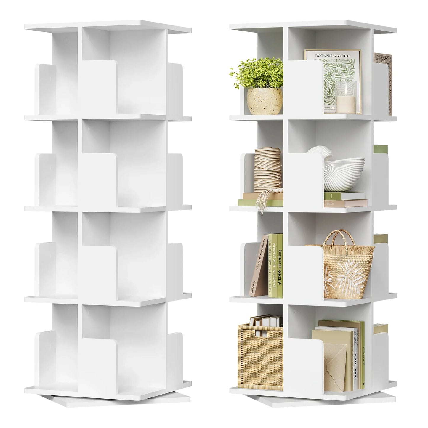 Drehbares Bücherregal Weiß 4 Etagen 128 cm – Standregal 360 Grad Drehbar Raumteiler