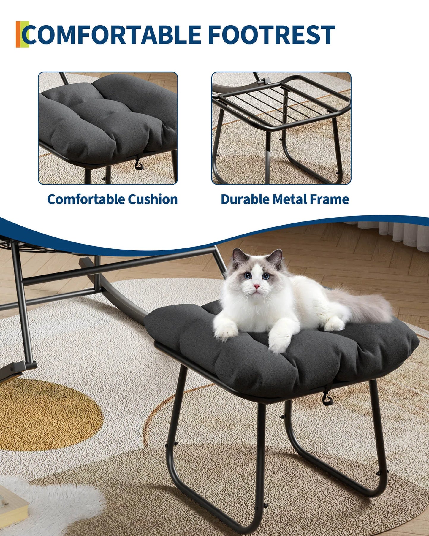 Garten Schaukelstuhl mit Hocker Beige – Wetterfester Rattan Polstersessel fuer Outdoor, Balkon & Terrasse bis 136kg