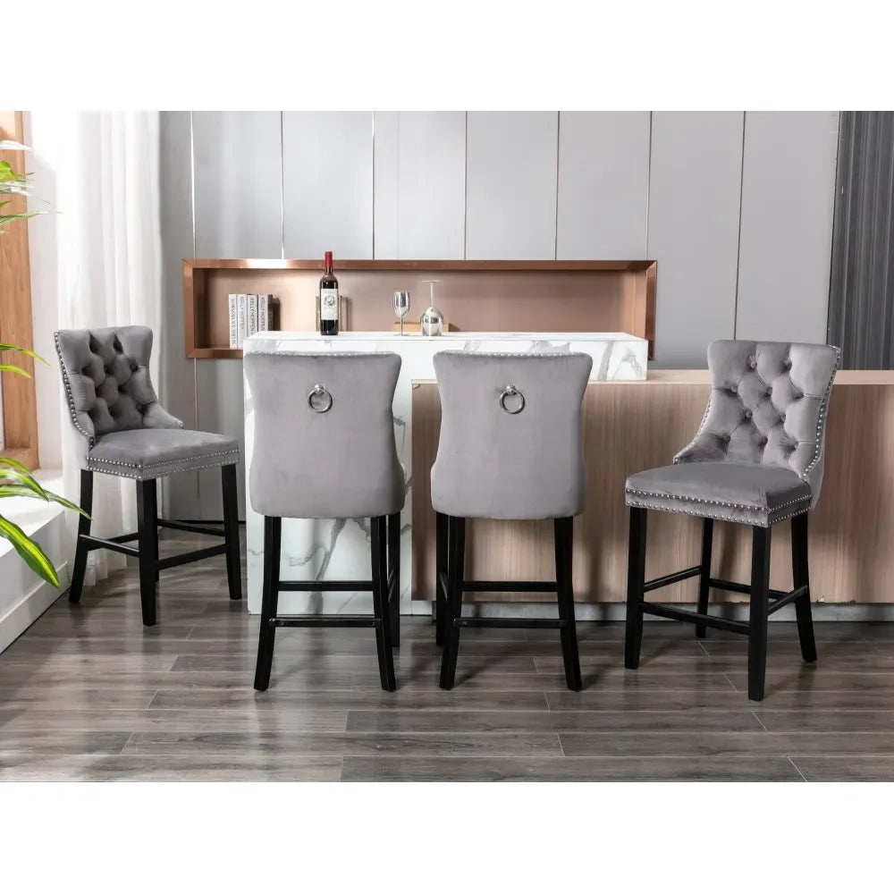 Moderne Samt Barhocker 2er Set mit Nietendekor – Elegante Tresenstühle aus Massivholz