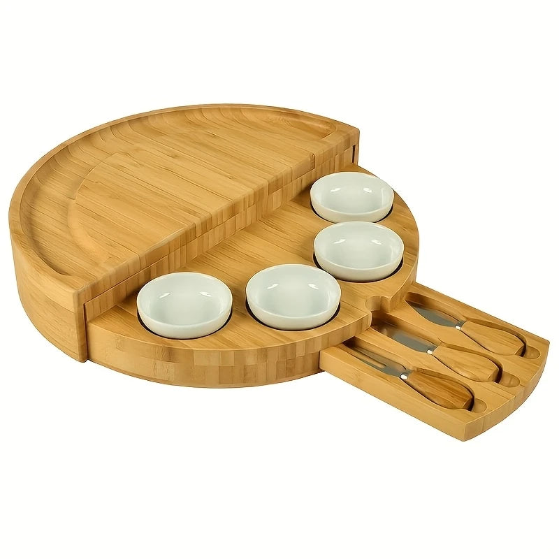Kaesebrett Bambus mit Messer & Gabel – Grosses Servierbrett fuer Pizza Steak & Snacks