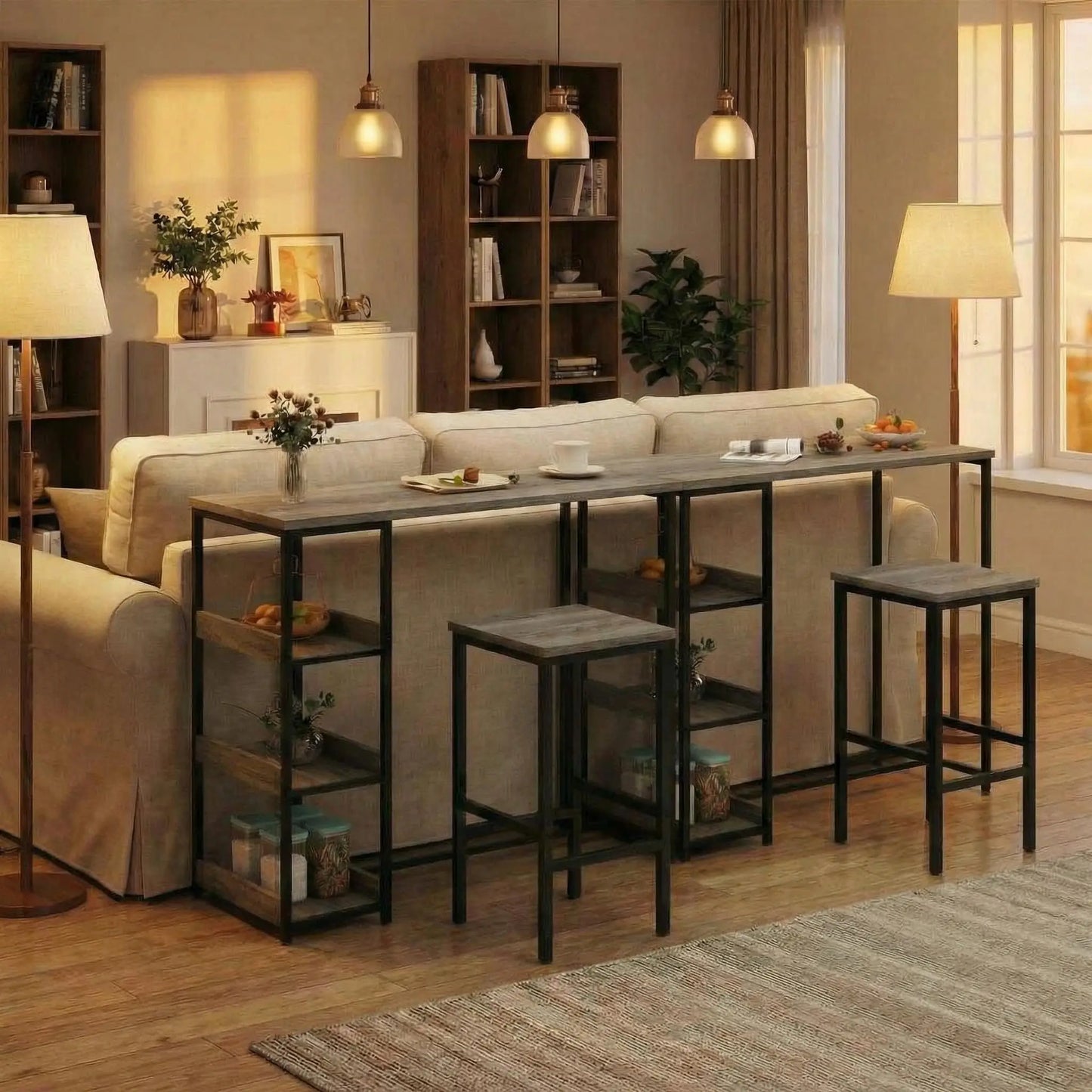 3-Teiliges Bartisch Set mit Regal & Hockern – Platzsparende Essgruppe für kleine Räume