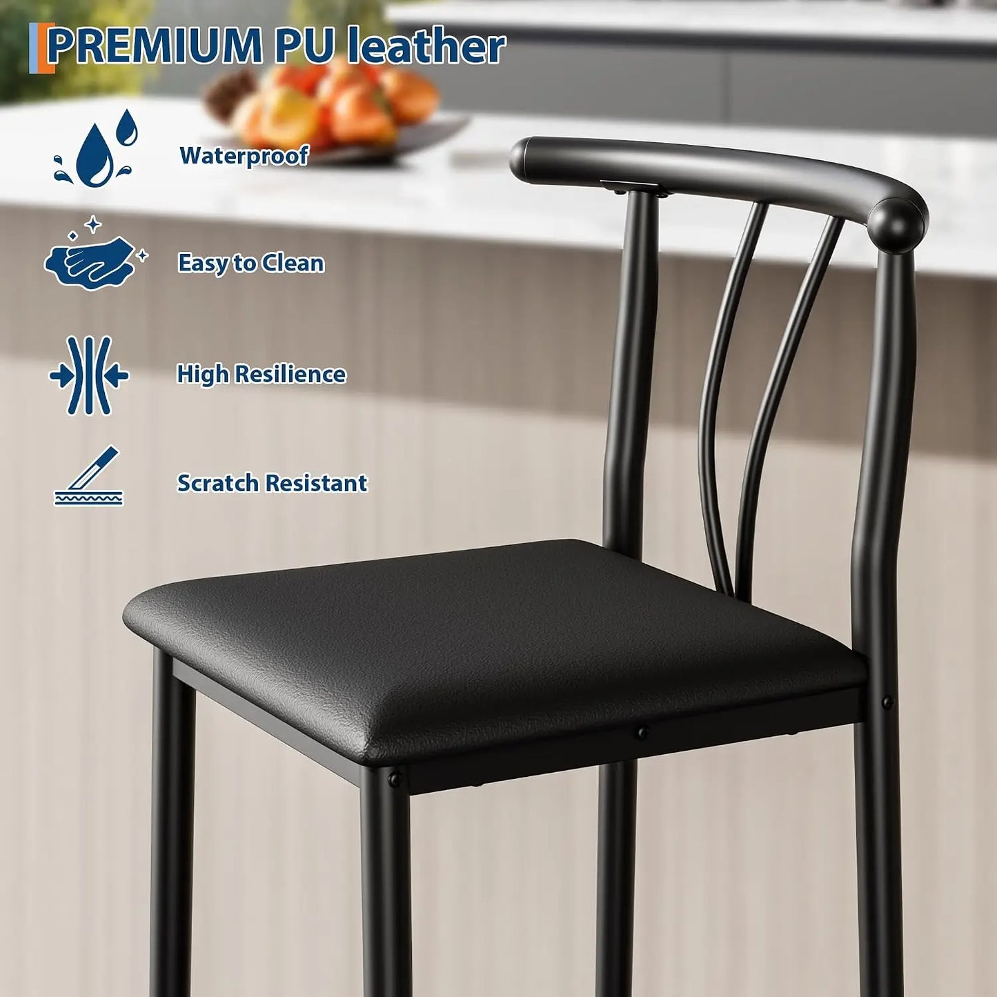 Barhocker 2er Set Schwarz – Moderne Tresenstuehle aus Kunstleder mit Metallgestell & Fussstütze fuer Kueche & Bar