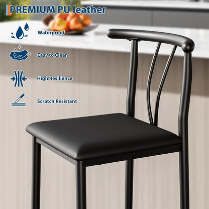 Barhocker 2er Set Schwarz – Moderne Tresenstuehle aus Kunstleder mit Metallgestell & Fussstütze fuer Kueche & Bar