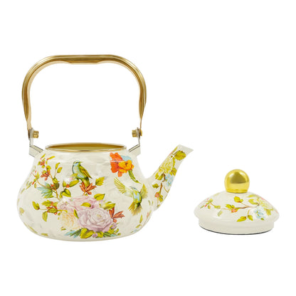 Klassische Enamel Teekanne Blumenmuster 1,5L – Emaillierte Teekanne mit Goldgriff