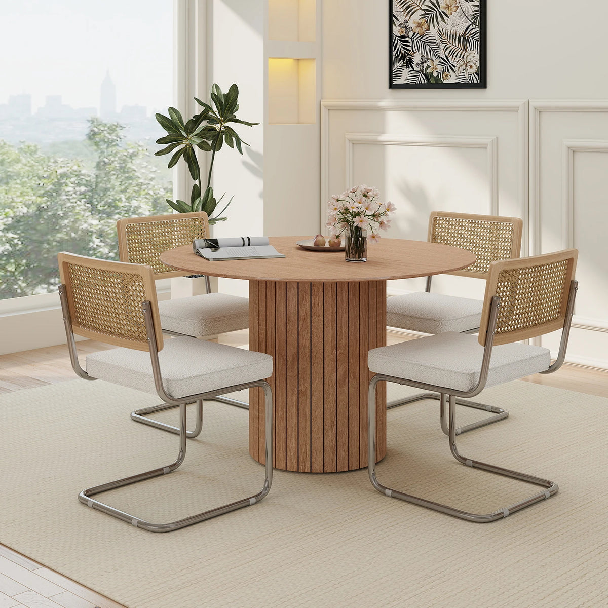 Freischwinger Esszimmerstühle 2er Set Rattan Samt – Moderne Küchenstühle mit Metallgestell