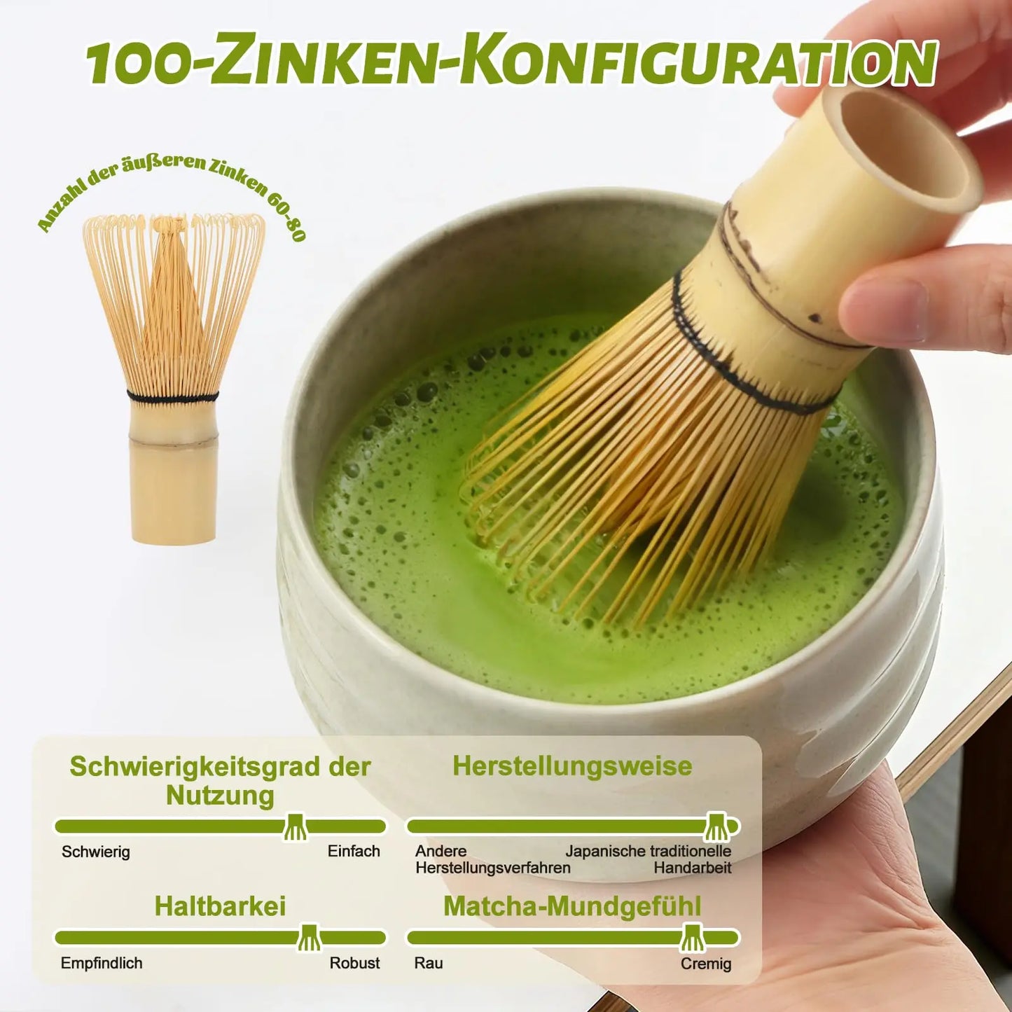 Matcha Set 4-teilig Grün – Traditionelle Matcha Schale mit Bambusbesen & Besenhalter