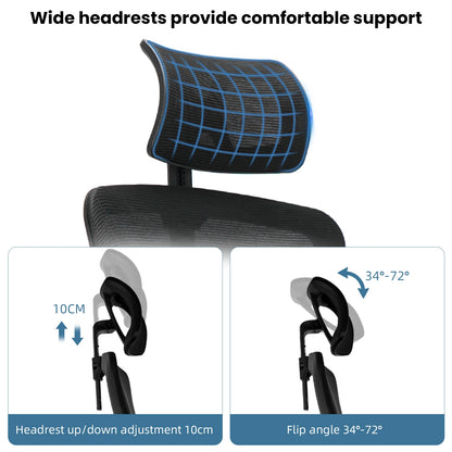 Buerostuhl Ergonomisch Schwarz – Verstellbarer Netz Drehstuhl mit Armlehnen, Kopfstuetze & Rollen bis 150kg