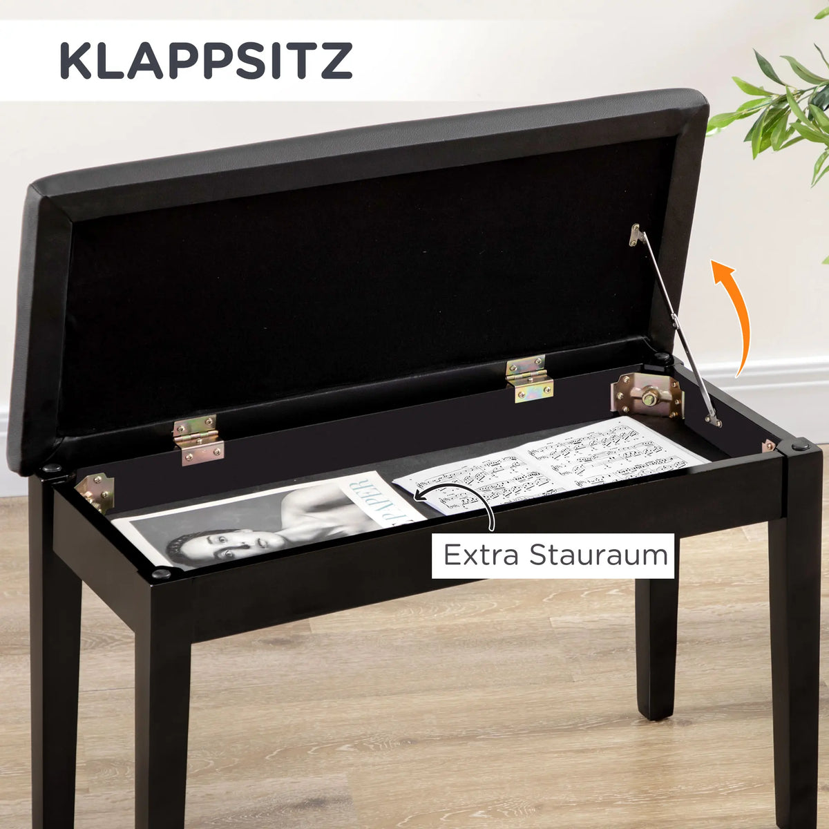 Klassische Klavierbank Hochglanz Schwarz – Massivholz Pianohocker mit Kunstleder-Polster