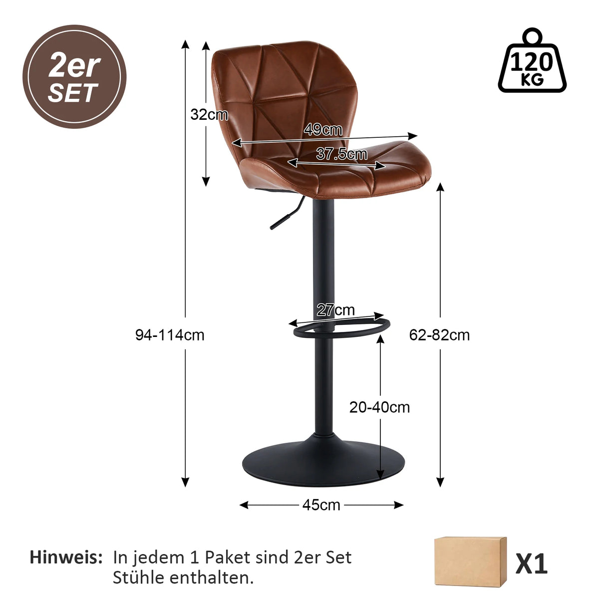 Höhenverstellbarer Barhocker 2er Set Kunstleder Retro – Drehbarer Tresenstuhl mit Rückenlehne