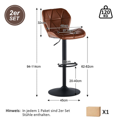 Höhenverstellbarer Barhocker 2er Set Kunstleder Retro – Drehbarer Tresenstuhl mit Rückenlehne