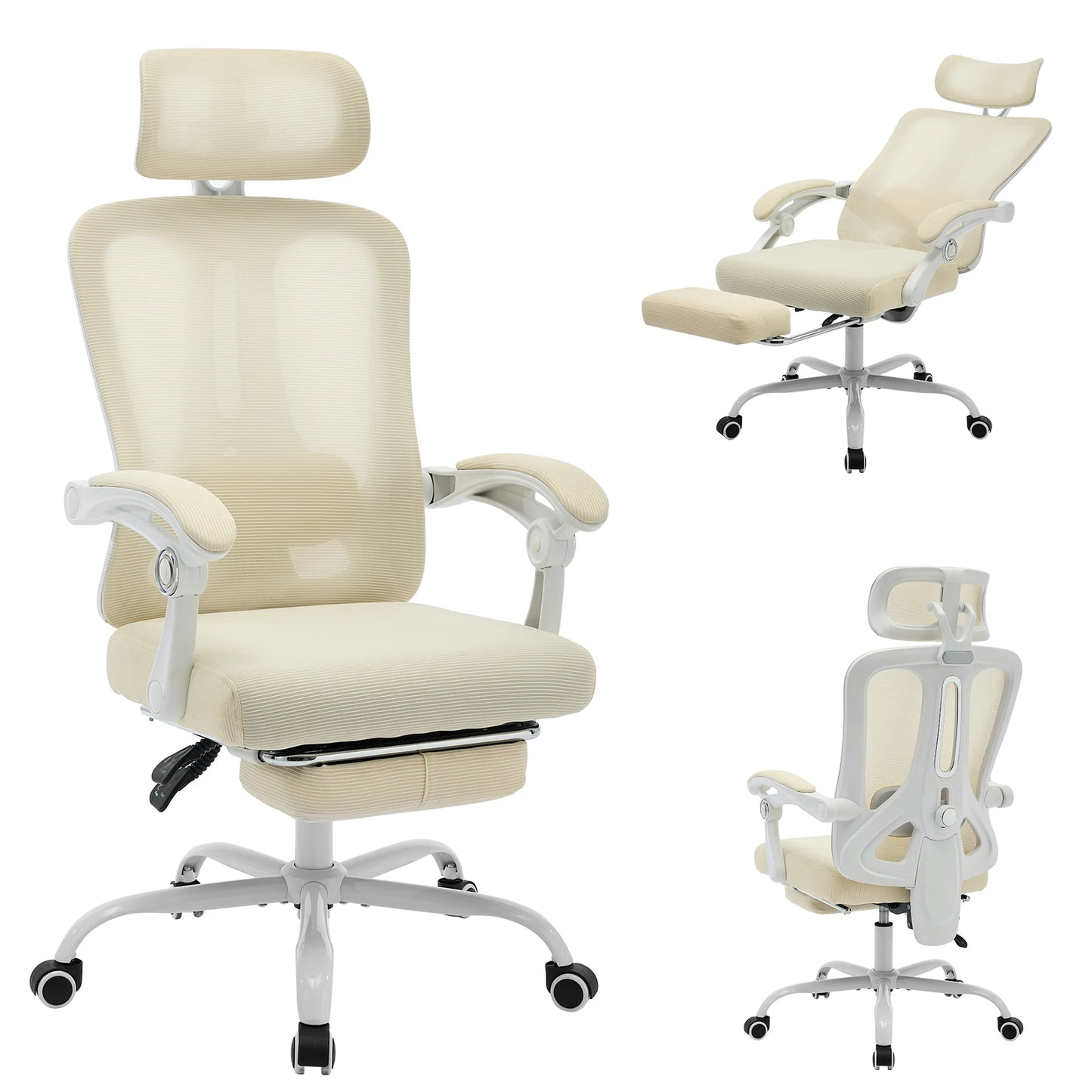 Buerostuhl Ergonomisch Schwarz – Netz Drehstuhl mit Fussstütze, 3D Kopfstütze & Klappbaren Armlehnen bis 150kg