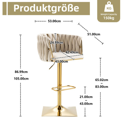 Moderne Barhocker 2er Set mit Armlehnen Höhenverstellbar – Drehbarer Polsterstuhl mit Gold-Beinen