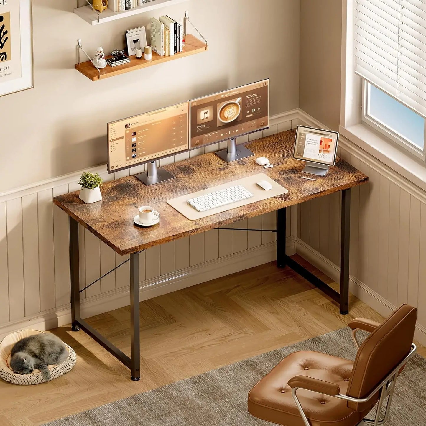Schreibtisch im Industriestil 120 cm – Stabiler Computertisch mit X-Strebe Braun