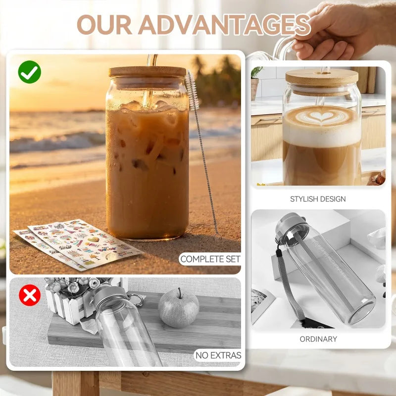 Glasbecher Set mit Strohhalm & Deckel – Trinkgläser für Eiskaffee, Cocktails & Bubble Tea