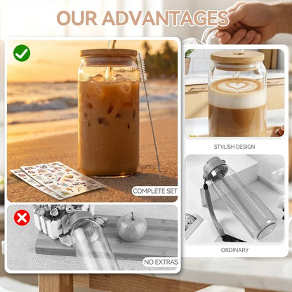 Glasbecher Set mit Strohhalm & Deckel – Trinkgläser für Eiskaffee, Cocktails & Bubble Tea