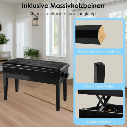 Höhenverstellbare Klavierbank mit Stauraum – Ergonomischer Pianohocker Schwarz Single & Doppel
