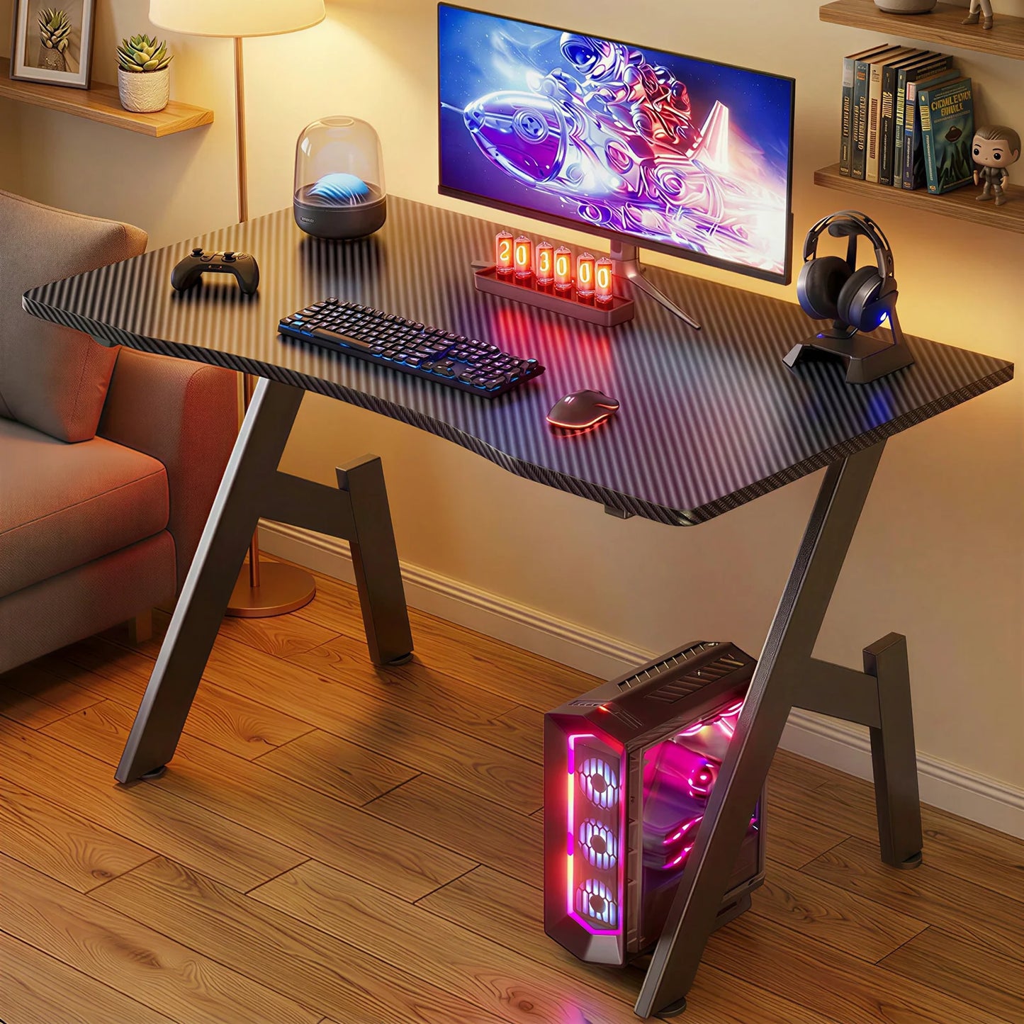 Gaming Schreibtisch Schwarz 120 cm – Ergonomischer PC Tisch mit Carbon-Optik & Haken