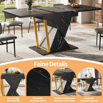 Ausziehbarer Esstisch Marmoroptik 110-140cm – Moderner Küchentisch aus Holz & Metall für 6 Personen