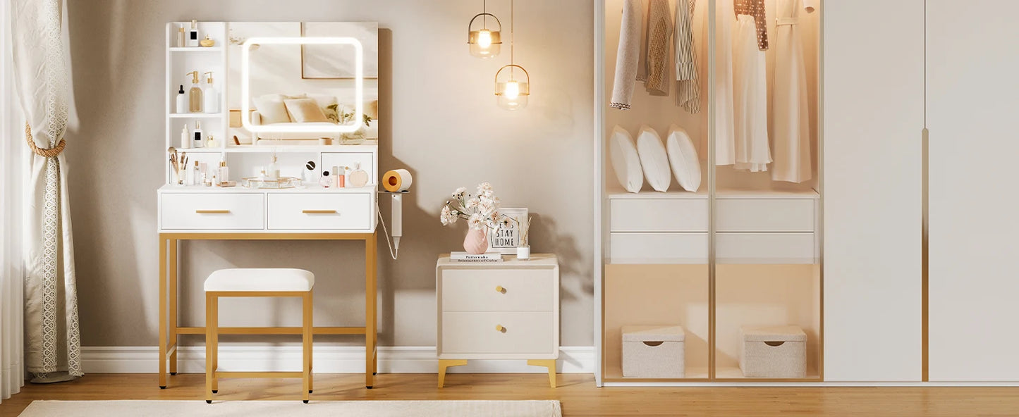 Schminktisch mit LED Beleuchtung Schwarz Gold – Moderner Frisiertisch mit Steckdosen & Spiegel