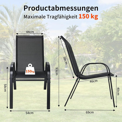 Gartenstuehle 4er Set Schwarz – Moderne Stapelstuehle aus Metall & Teslin fuer Balkon, Terrasse & Garten bis 150kg