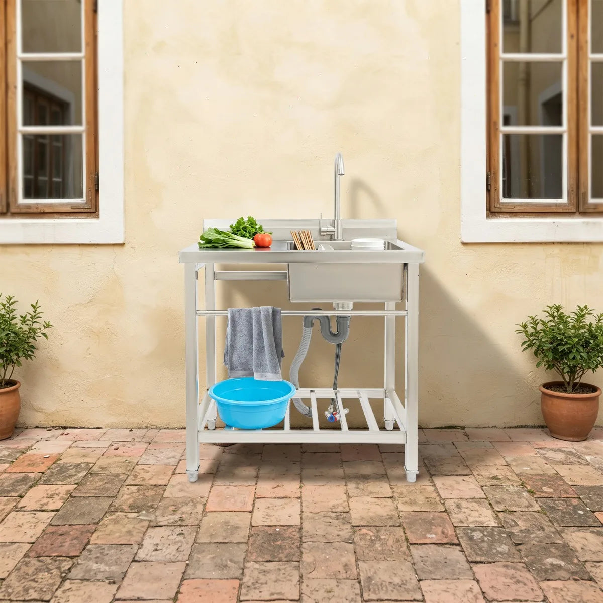 Edelstahl Spültisch 80x55cm mit Armatur – Freistehende Gastro Spüle mit Arbeitsfläche