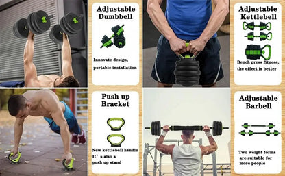 4-in-1 Hantelset Verstellbar – Kurzhantel Kettlebell & Langhantel Set für Homegym
