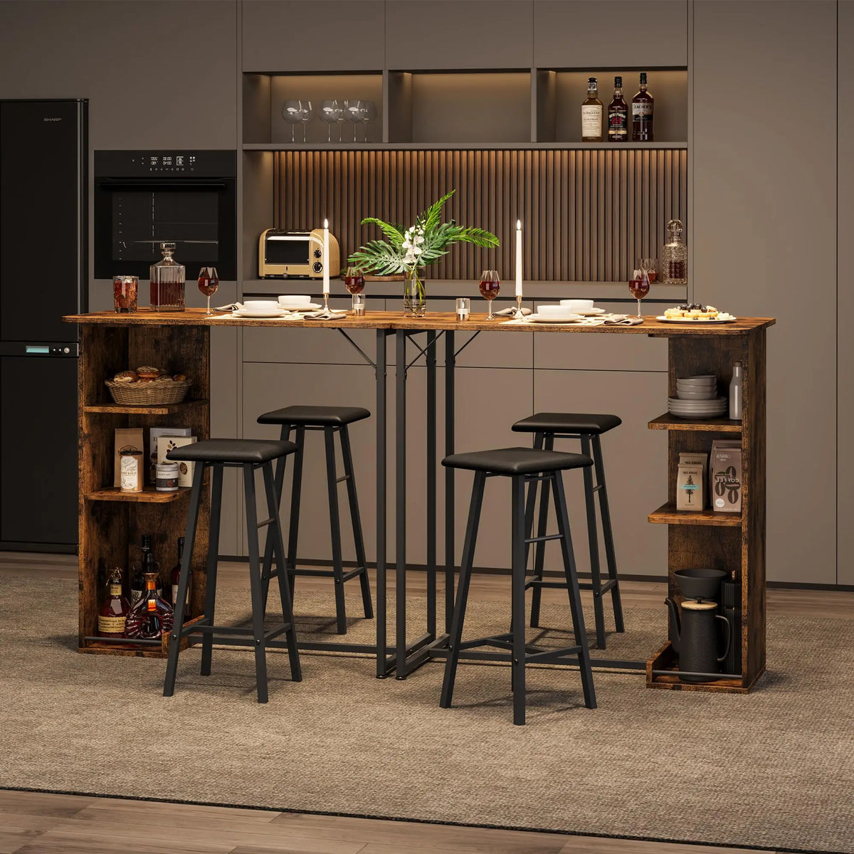 Bartisch Set 3-teilig mit Regal Schwarz – Kompakter Stehtisch mit 2 Barhockern für kleine Küche