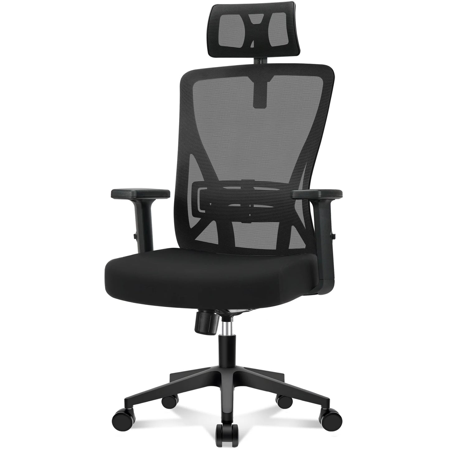 Buerostuhl Ergonomisch Schwarz – Verstellbarer Netz Drehstuhl mit Armlehnen, Kopfstuetze & Rollen bis 150kg