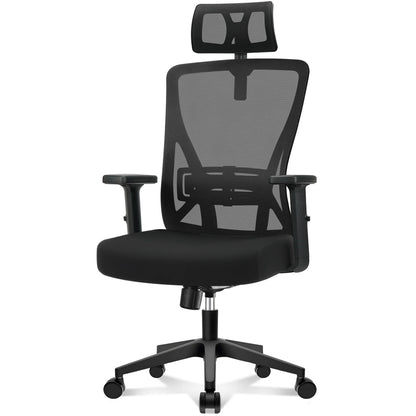 Buerostuhl Ergonomisch Schwarz – Verstellbarer Netz Drehstuhl mit Armlehnen, Kopfstuetze & Rollen bis 150kg