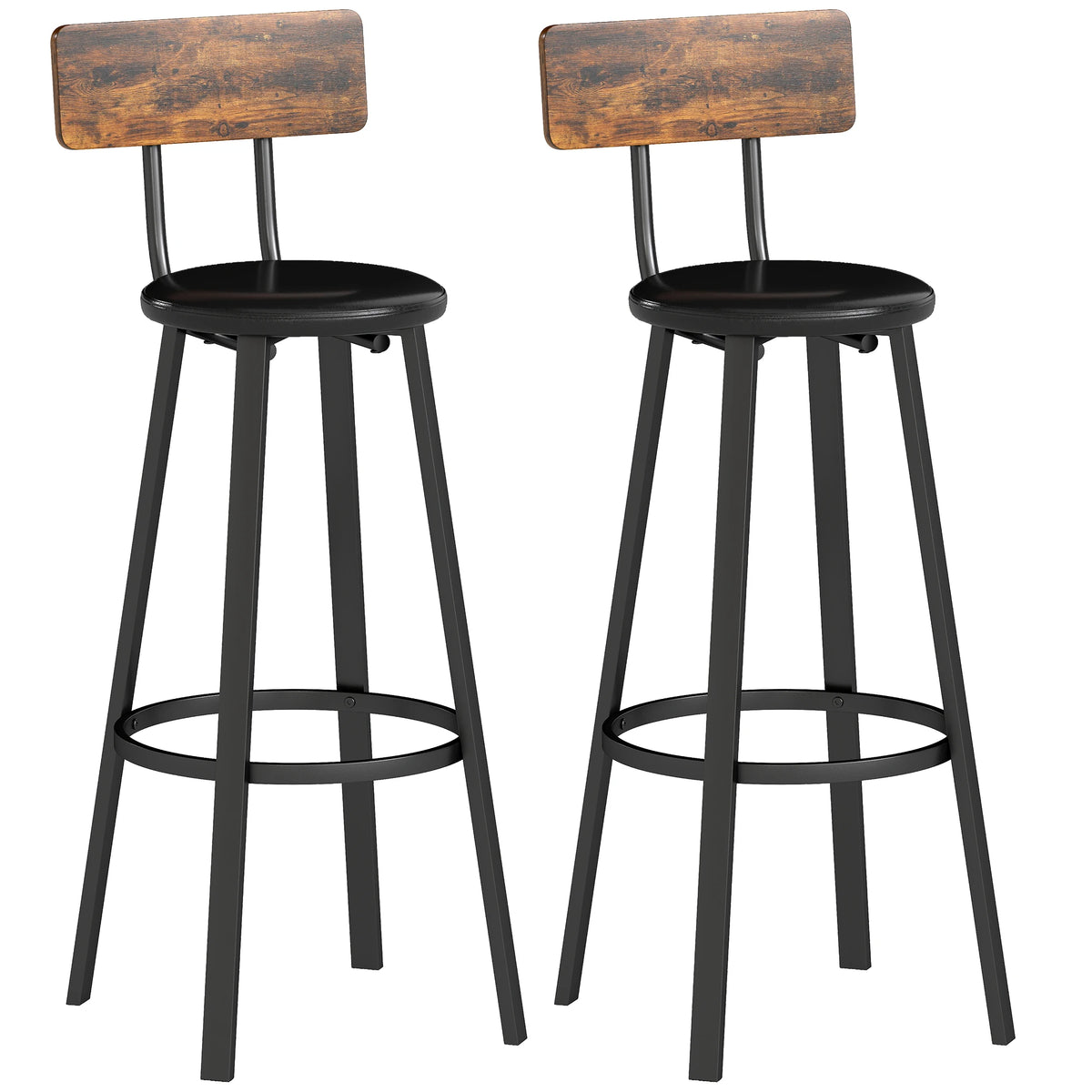 Barhocker 2er Set Industrial Braun & Schwarz – Rustikale Tresenstühle mit Rückenlehne & Polster