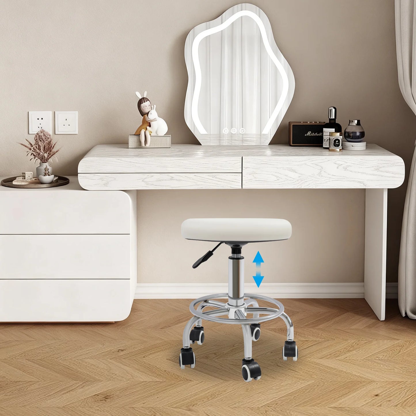 Arbeitshocker mit Rollen Weiss – Höhenverstellbarer Drehhocker aus Kunstleder fuer Kosmetikstudio, Salon & Praxis