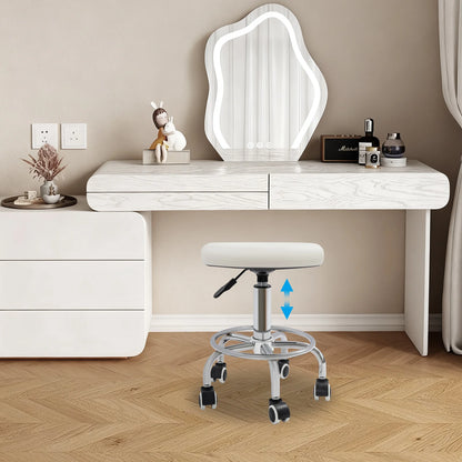 Arbeitshocker mit Rollen Weiss – Höhenverstellbarer Drehhocker aus Kunstleder fuer Kosmetikstudio, Salon & Praxis
