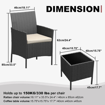 Balkonset 3-Teilig Schwarz – Wetterfeste Polyrattan Sitzgruppe mit Kissen & Glastisch fuer Balkon, Terrasse & Garten