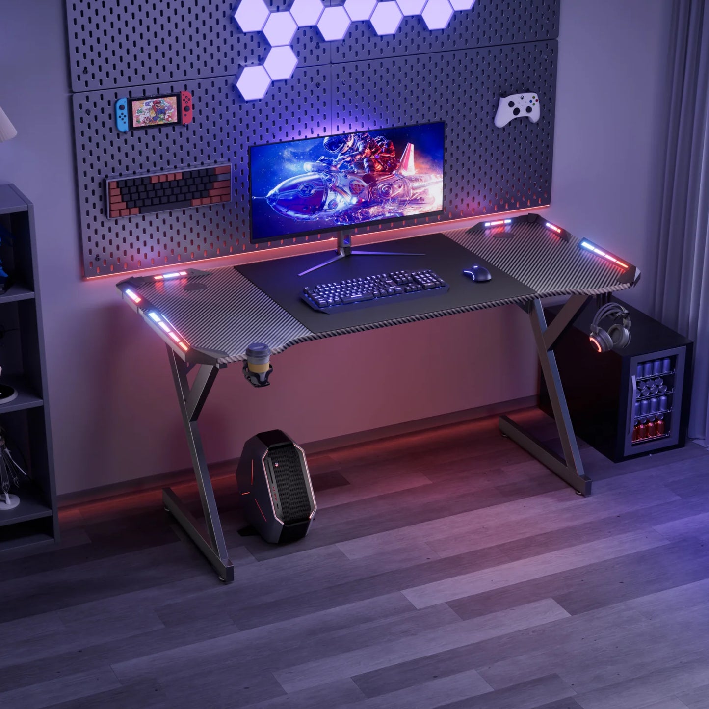 Gaming Schreibtisch LED Schwarz 120 cm – Ergonomischer PC Tisch mit Haken & Becherhalter