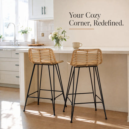 Design Barhocker 2er Set Wiener Geflecht – Moderne Rattan Tresenstühle mit Stahlgestell