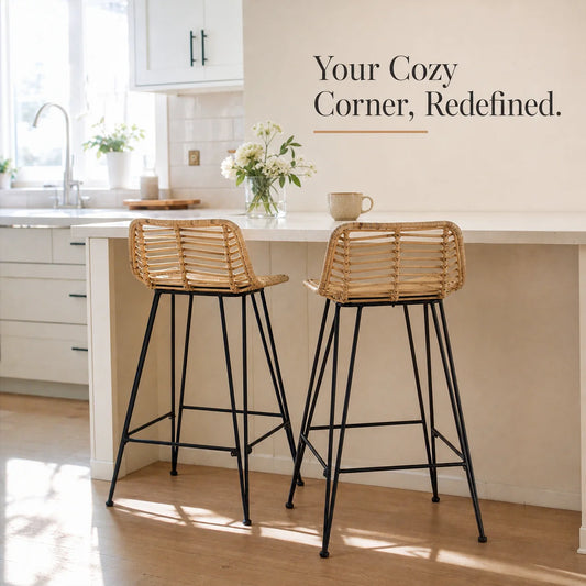 Design Barhocker 2er Set Wiener Geflecht – Moderne Rattan Tresenstühle mit Stahlgestell