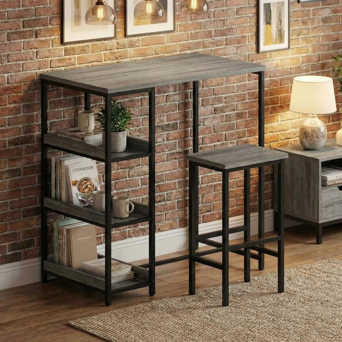 3-Teiliges Bartisch Set mit Regal & Hockern – Platzsparende Essgruppe für kleine Räume