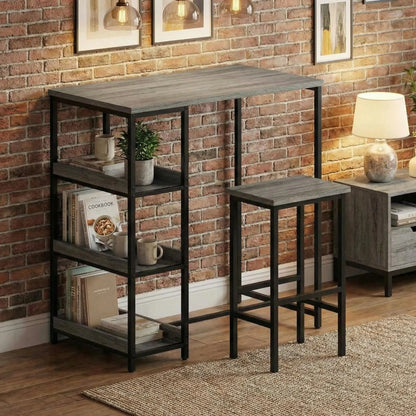 3-Teiliges Bartisch Set mit Regal & Hockern – Platzsparende Essgruppe für kleine Räume