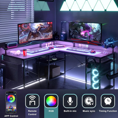 L-förmiger Gaming Schreibtisch LED Schwarz 140 cm – Eckschreibtisch mit Steckdosen & Monitoraufsatz