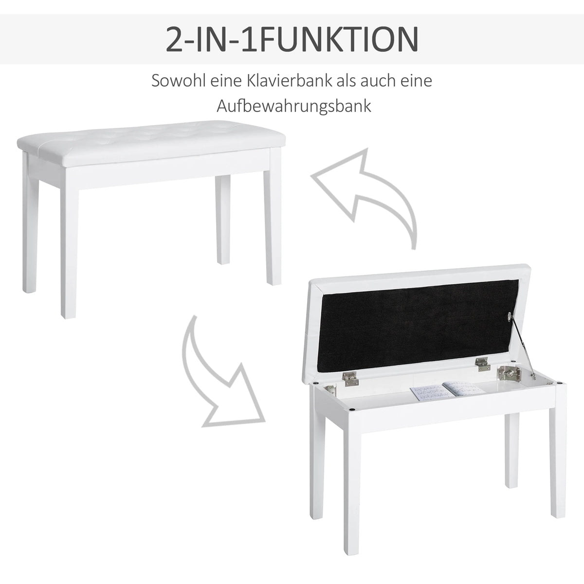 Klassische Doppel Klavierbank Weiß mit Stauraum – Zweisitzer Pianohocker Massivholz