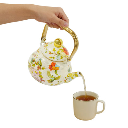 Klassische Enamel Teekanne Blumenmuster 1,5L – Emaillierte Teekanne mit Goldgriff