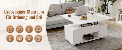 Couchtisch Höhenverstellbar & Ausziehbar – Multifunktionaler Esstisch mit 4 Hockern & Stauraum