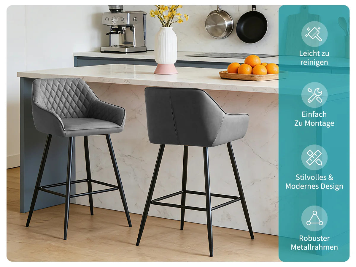 Barhocker 2er Set Kunstleder Schwarz – Moderne Tresenstühle mit Rückenlehne & Fußstütze