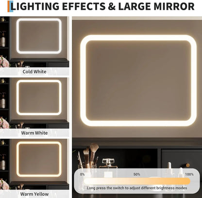Schminktisch mit LED Beleuchtung Schwarz Gold – Moderner Frisiertisch mit Steckdosen & Spiegel