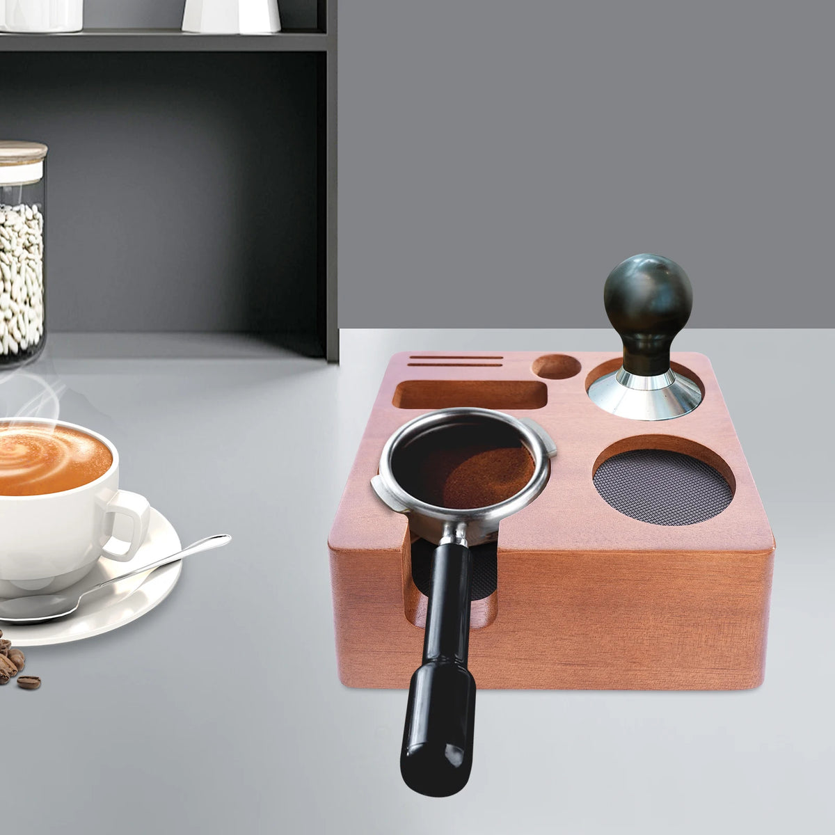 Kaffee Tamping Station Schwarz 51-58mm – Multifunktionaler Tamper Halter mit Abschlagbehälter