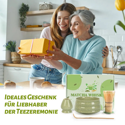 Matcha Set 4-teilig Grün – Traditionelle Matcha Schale mit Bambusbesen & Besenhalter