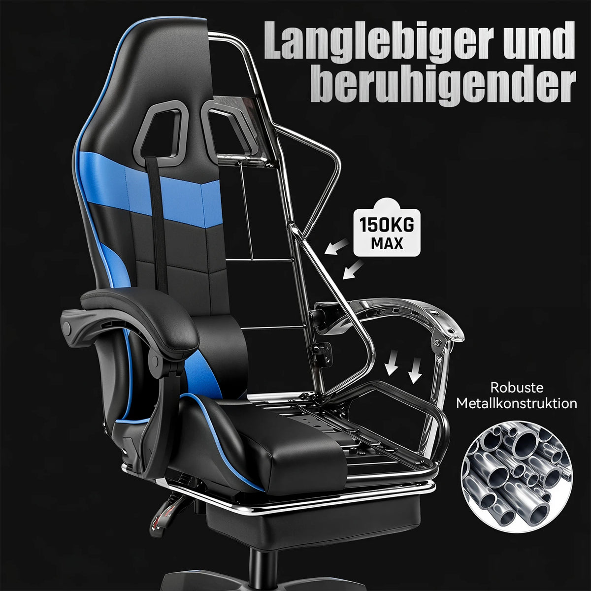 Gaming Stuhl Schwarz-Rot – Ergonomischer Gamer Stuhl mit Fussstütze, Lendenkissen & Kunstlederbezug bis 124cm