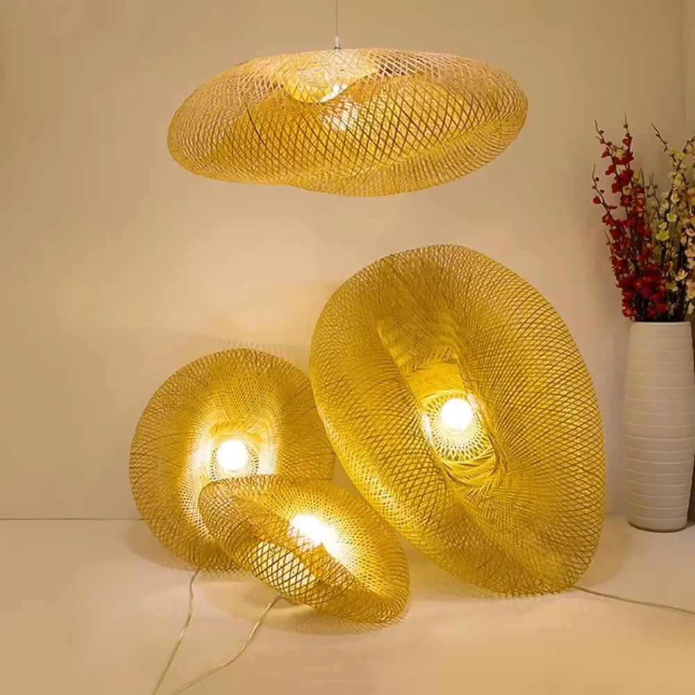Bambus Hängeleuchten Kronleuchter Handgewebt – Natur Wand & Deckenlampe Hut