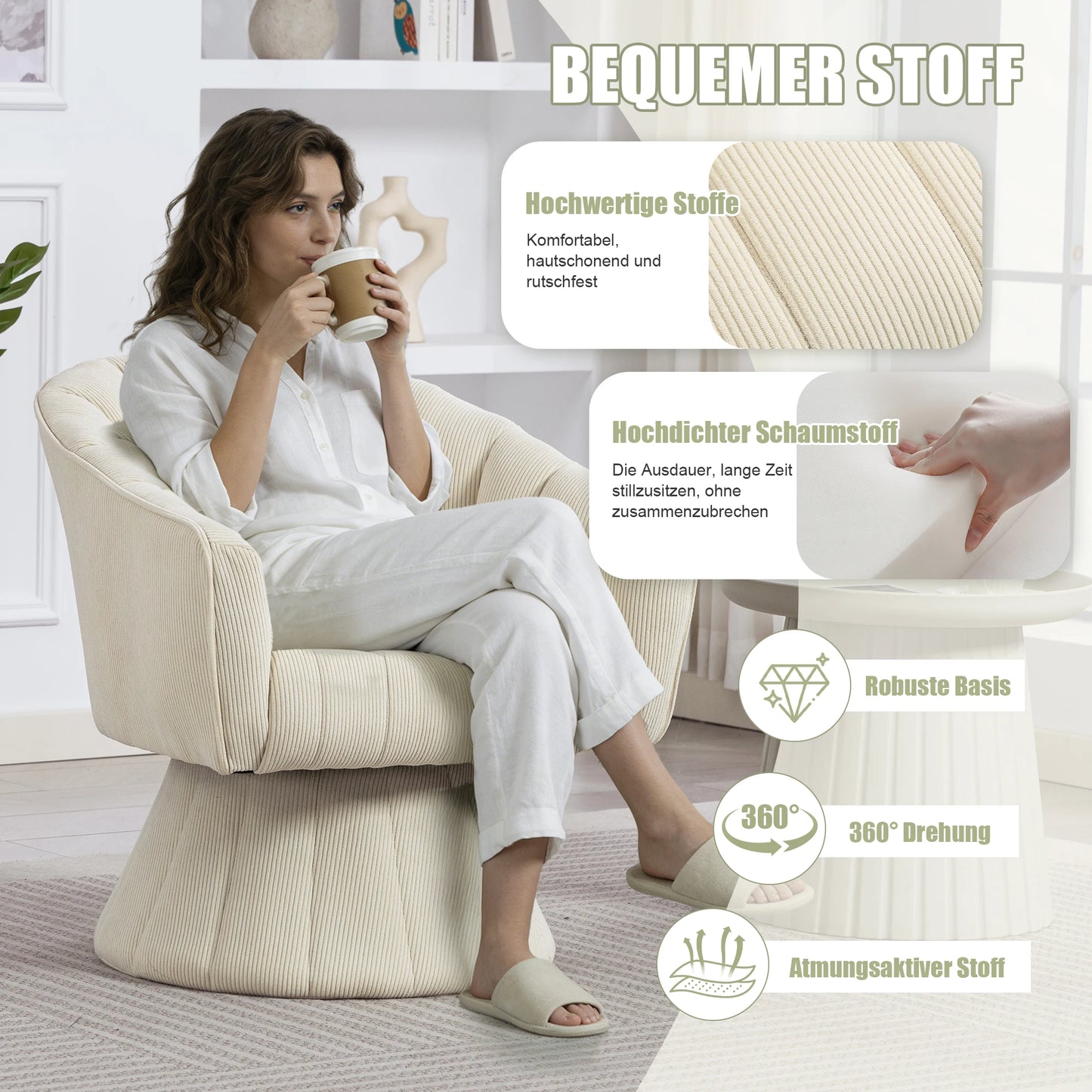 Drehsessel Beige – Modernes 360 Grad Cord Polstersessel Set mit Holzgestell bis 150kg