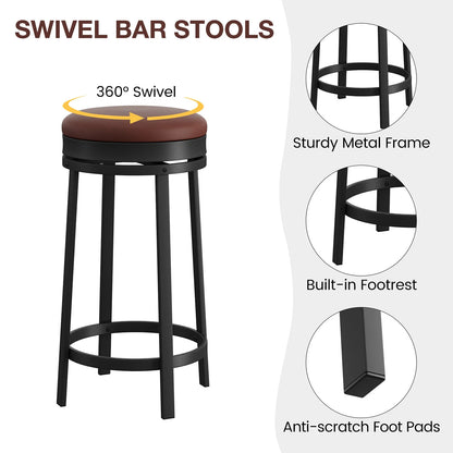 24'' Swivel Bar Stools Backless Modern Counter Height Barstools with PU Leather Upholstered and Metal Frame for Kitchen Island
